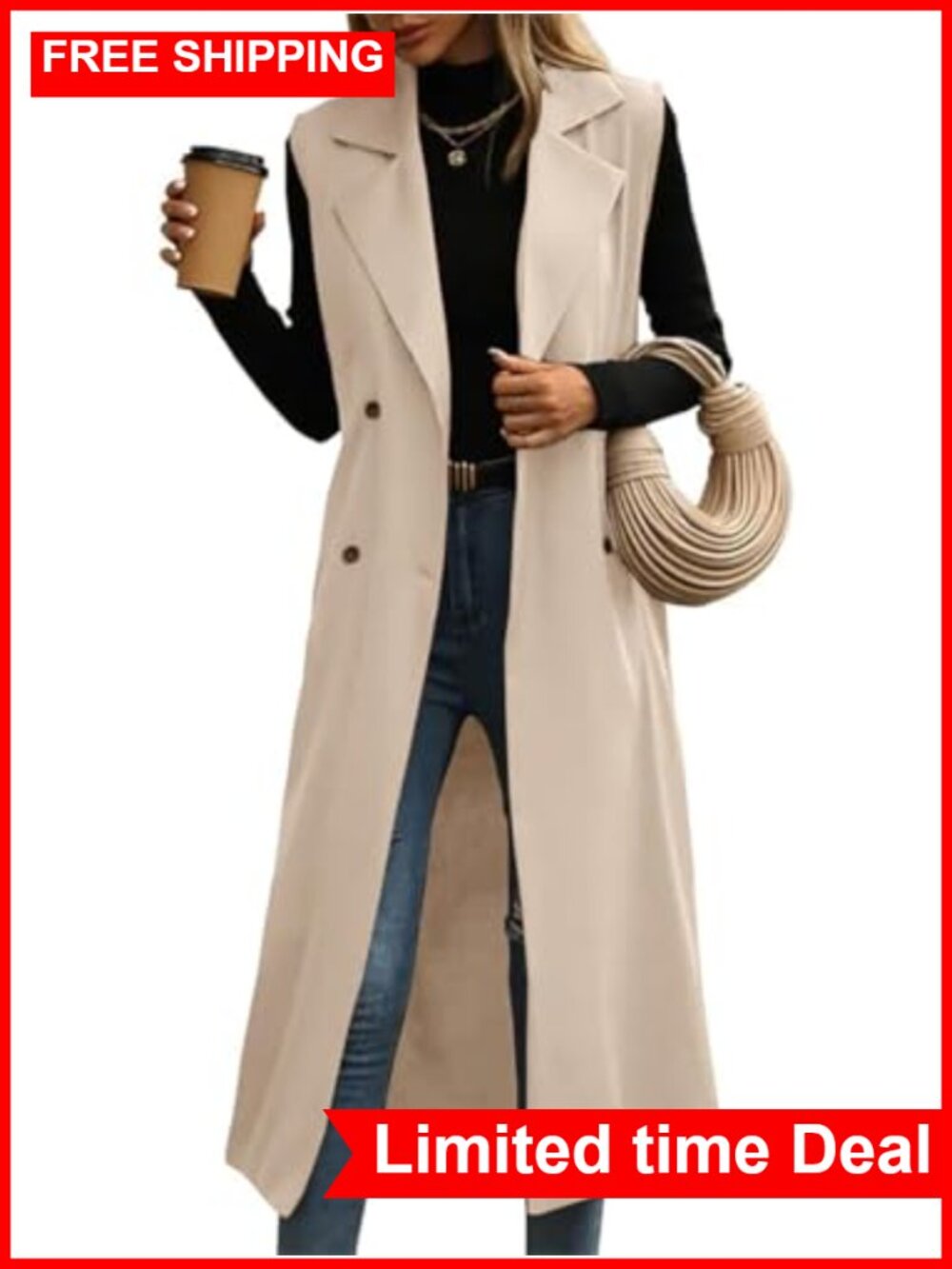 Womens Long Sleeveless Trench Vest Double Breasted Casual Office Coat